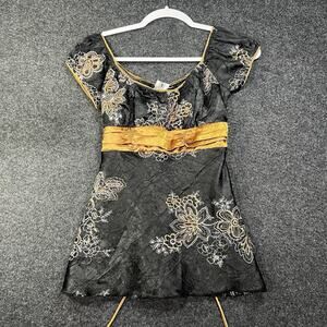 Heart Soul Y2K Babydoll Top Sz S Embroidered Paisley Satin Black Fairy Boho